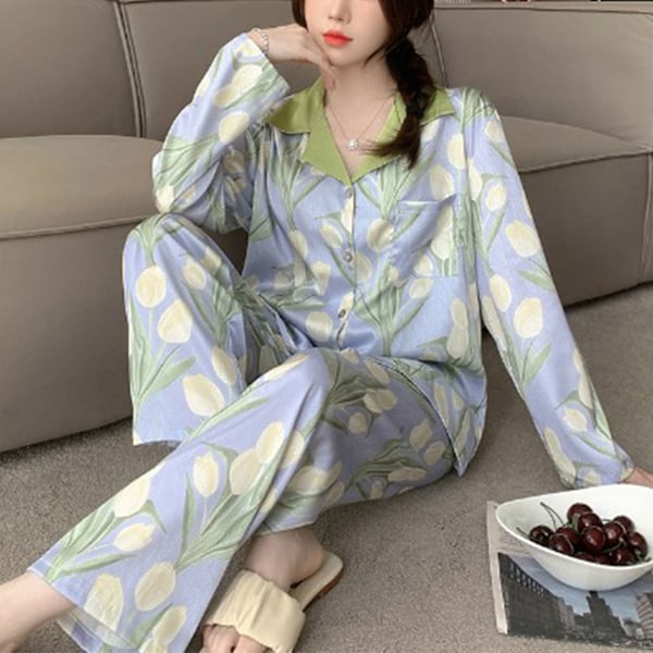 Långärmad Pyjamas Stilfull Blommig Vår Höst Imiterat Sidentyg Dam Hemmakläder Sovkläder Set Dubbel Lång XL