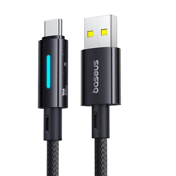 Lit Button Control -pikalatauksen datakaapeli USB-A–USB-C 100W 1m Cosmic Black