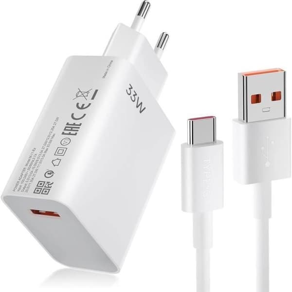 Rask lader 33W - EFCONNECTION - 1M USB-C-kabel - for Xiaomi og Redmi 15C, 14C, 13C, 5A, Note 15 Pro Plus, Note 14 Pro, Note 13 Hvit