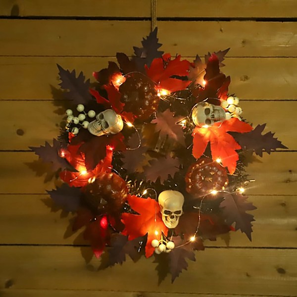 Thanksgiving-krans, Förbelyst konstgjord krans med skördedagstema, bärkluster, höstlöv, pumpahuvuddesign, lämplig för inomhusbruk och