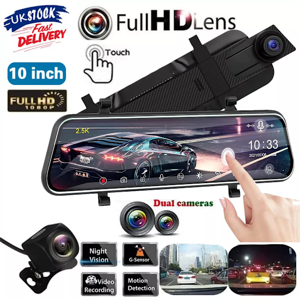 Avancerad backspegelkamera med 10-tums IPS-pekskärm, utrustad med 1080P dubbla linser, erbjuder trådlös Carplay och Android Auto-kompatibilitet, plus