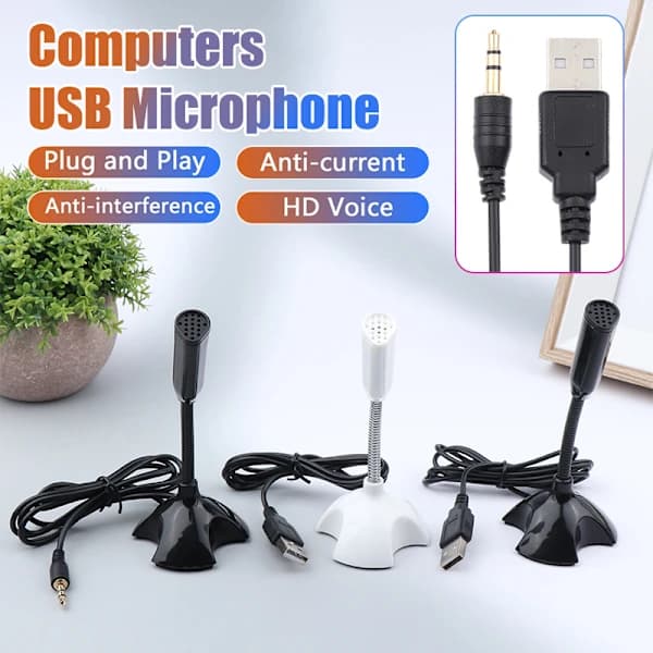 3,5 mm bærbar mikrofon USB bordstativ mikrofon med holder 3,5 mm sort