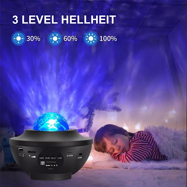 Stjerne LED-projektor Stjerne Galaxy-projektorlampe 21 lysmoduser 360 ° roterende bølge Bluetooth-høyttalerboks timer