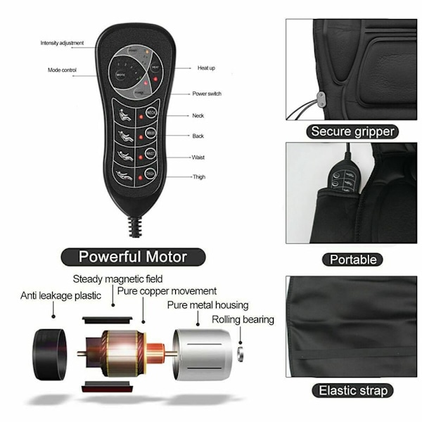 Ryggmassage, Snabbuppvärmande Massage Sittdyna med Anpassningsbara Inställningar Vibrationsmassage för Stresslindring, Portabel för Hemmakontorsbruk (1.33Kg)