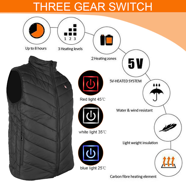 Oppvarmet Vest Unisex Menn Kvinner USB PlugIn Oppvarmet Varm Vest for Vinter Svart(XXL)