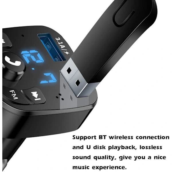 Bluetooth trådløs FM-sender, Bluetooth bil MP3-afspiller, oplader, 2 USB-porte, USB-flashdrev spændingsdisplay
