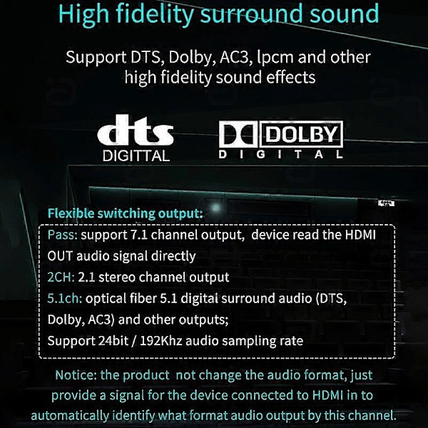 ljudextraktor, stöder HDCP, CEC, optisk TOSLINK, SPDIF och 3,5 mm RCA-ljudkonvertering, och stöder 4K x 2K 3D-ljudutgång.