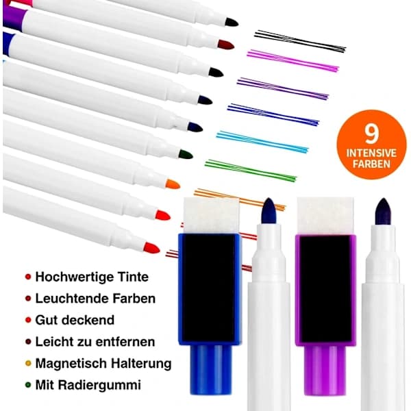 Whiteboardmarkører Pen og Viskelæder Sæt til Børn 9 Stykker Fin Spids Farve