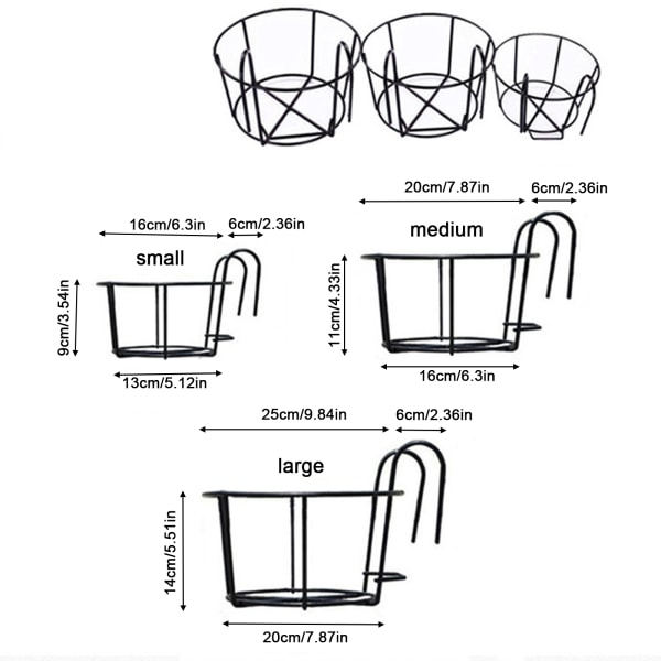 Rund hengeplanter i jern, plantehenger i metall, planteholder i metall for balkong og gjerde (svart)