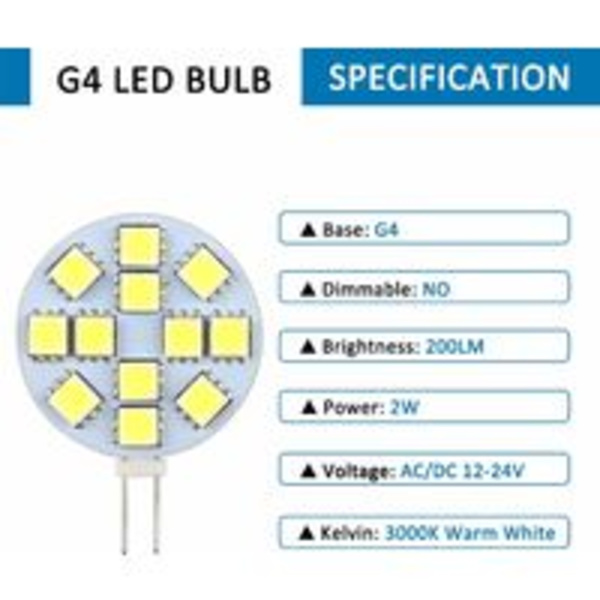 G4 LED-pære 2W, AC/DC12-24V, 200LM varm hvid 3000K, 12x 5050SMD, 20w halogenpæreækvivalent, ikke-dæmpbar, rund G4 LED-pære til skab