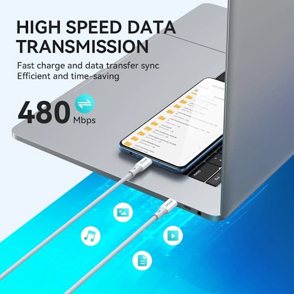 Opladerkabel 1m 60W – Hurtig data og opladning til iPhone, Samsung, iPad & Android Hvid