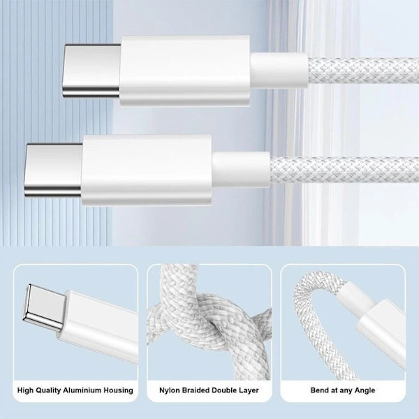 USB-C-kabel 60W - EFConnection - för iPhone 17 Pro Max iPhone 16 Pro 15 Pro iPhone Air Flätad 2 meter Vit