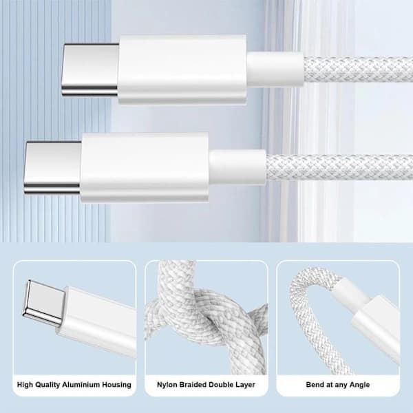 USB-C-kabel 60W - EFConnection - til iPhone 17 Pro Max iPhone 16 Pro 15 Pro iPhone Air Flettet 2 Meter Hvid