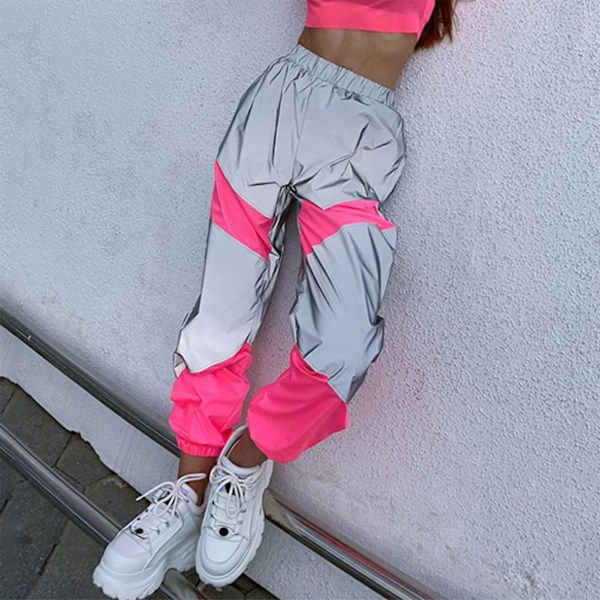 Dam Sportbyxor Reflex Sömnad Färgkontrasterande Elastisk Mellanhög Midja Lediga Långbyxor Rosa S