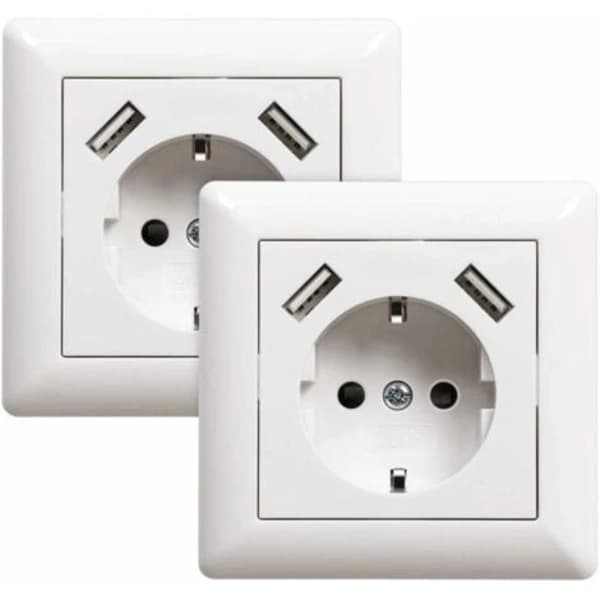 2 uttag med USB-port (max). Infällt vägguttag med USB-uttag, vit, System 55, högblank vit