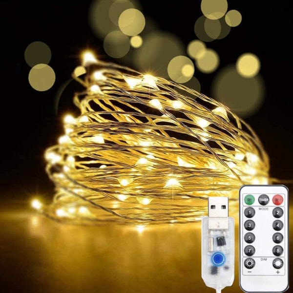 10m Micro LED Fairy Lights koppartråd Vattentät 8 ljuslägen med fjärrkontroll för julbröllopsfest, varmvit