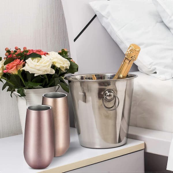 Champagneglas, stilkløse fløjteformede, 6-delt sæt, dobbeltvæggede isolerede mini cocktailglas i rustfrit stål, rosaguld, velegnet til kaffe a