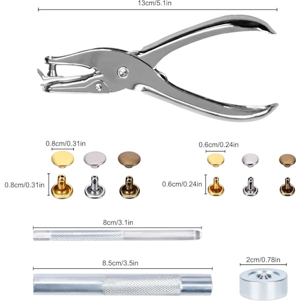 Metallnitar Lädernitar Kit, Rostskyddande och Hållbart med Monteringsverktyg, 240 Set i 2 Storlekar, 3 Färger, För Reparation och Dekorera DIY Läder