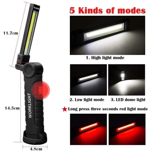 Arbeidslys - Bærbar - Oppladbar - 5 moduser - Magnetisk base - Vanntett IP65 -