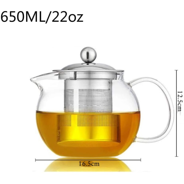 Teekanne mit Edelstahl-Teesieb und Deckel, Borosilikatglas-Teekessel für Herd geeignet, Blühende und lose Blätter, runde Glaskanne (950