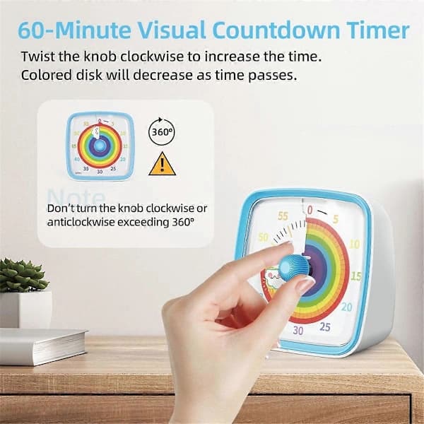 60-minutters visuel timer med natlys, nedtællingstimer, Pomodoro-timer med regnbuemønster til børn
