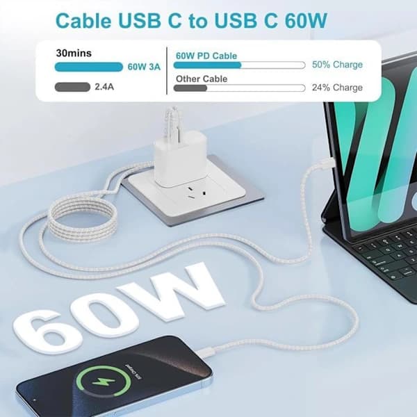 USB-C-kabel 60W - EFConnection - för iPhone 17 Pro Max iPhone 16 Pro 15 Pro iPhone Air Flätad 2 meter Vit