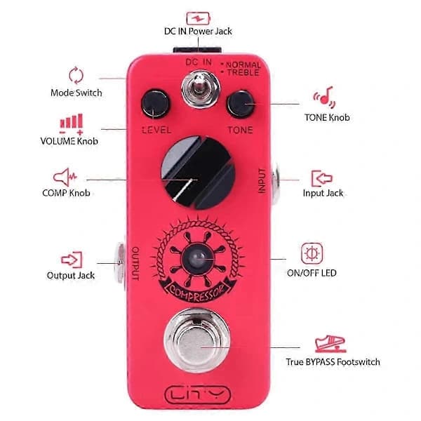 Minikompressor effektpedal for elektrisk gitar - 2 moduser, ren analog, True Bypass