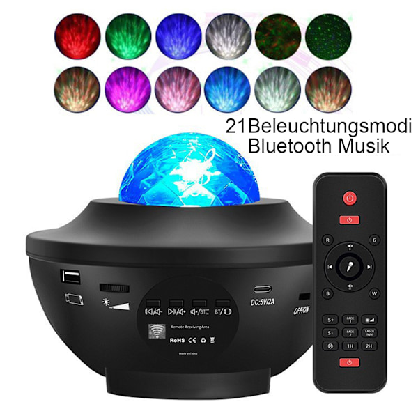 Stjerne LED-projektor Stjerne Galaxy-projektorlampe 21 lysmoduser 360 ° roterende bølge Bluetooth-høyttalerboks timer