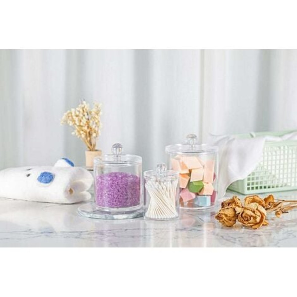 1 stk. tom beholder til opbevaring i akryl med gennemsigtigt låg, makeup-arrangør, vatpinde, dispenserboks til badeværelset til snacks, smykker