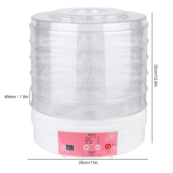 28cm 5-lags Intelligent Timing Elektrisk Fødevaredehydrator Frugt Grøntsags Tørremaskine US Stik 110-120V