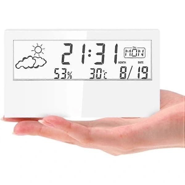 Väderstation med transparent skärm, väckarklocka, hygrometer, termometer inomhus, väderprognossensor