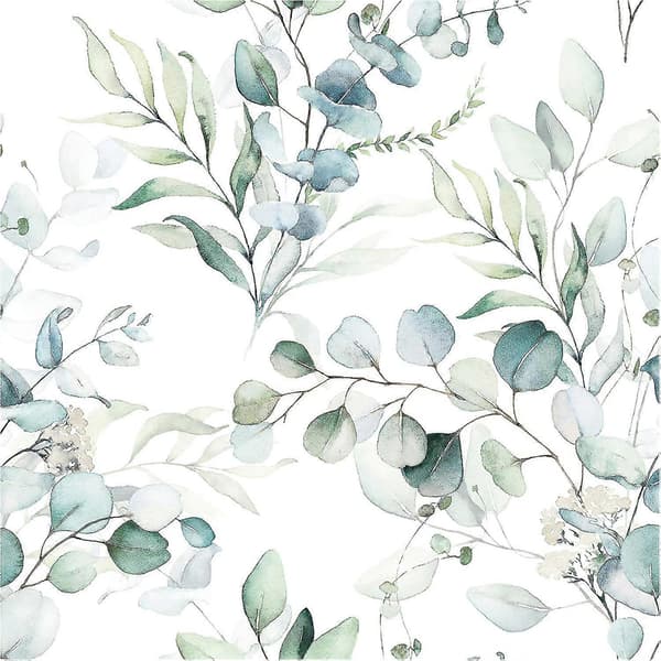 Selvklebende tapet, grønn/hvit eukalyptusblad og blomstermural, bohemsk stil dekorasjon for barnerom, 45cm x 3m