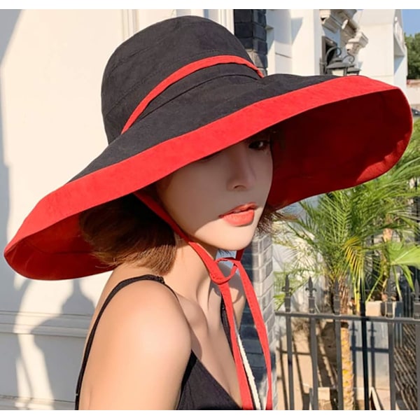 Solhatt för kvinnor, hopfällbar och vändbar bucket hat med UV-skydd, bredbrättad sommarhatt för stranden$Solhatt för kvinnor, bredbrättad sommarhatt för stranden Red