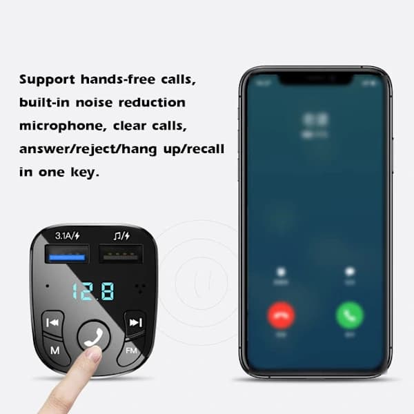 Bluetooth trådløs FM-sender, Bluetooth bil MP3-afspiller, oplader, 2 USB-porte, USB-flashdrev spændingsdisplay