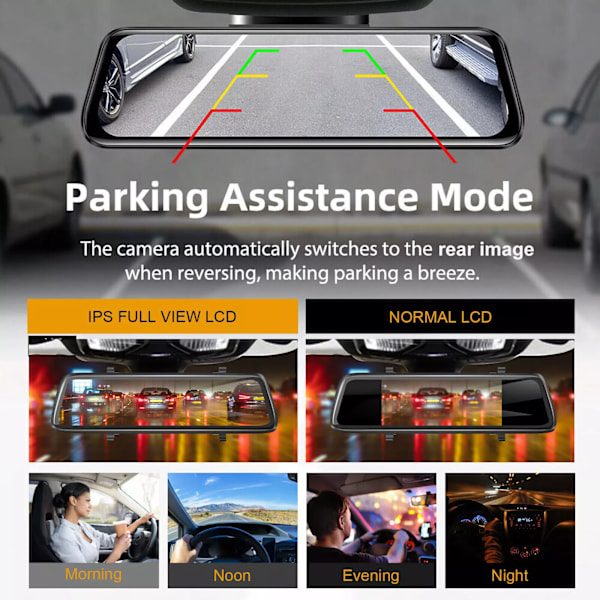 Avancerad backspegelkamera med 10-tums IPS-pekskärm, utrustad med 1080P dubbla linser, erbjuder trådlös Carplay och Android Auto-kompatibilitet, plus