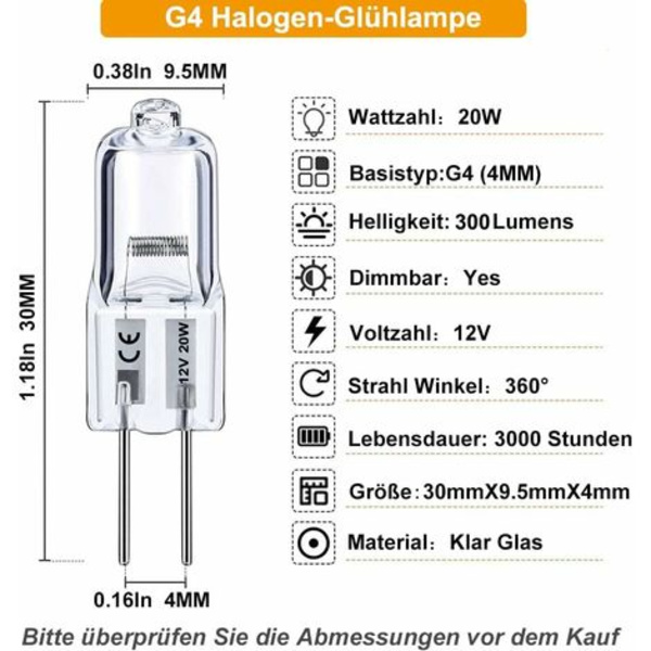 G4 Halogen 12v 20w, 5 st G4 12v 20w Varmvita Lampor med 3000 Timmars Lång Livslängd, Hög Ljusstyrka 300lm, G4 Bi-Pin Bas, G4