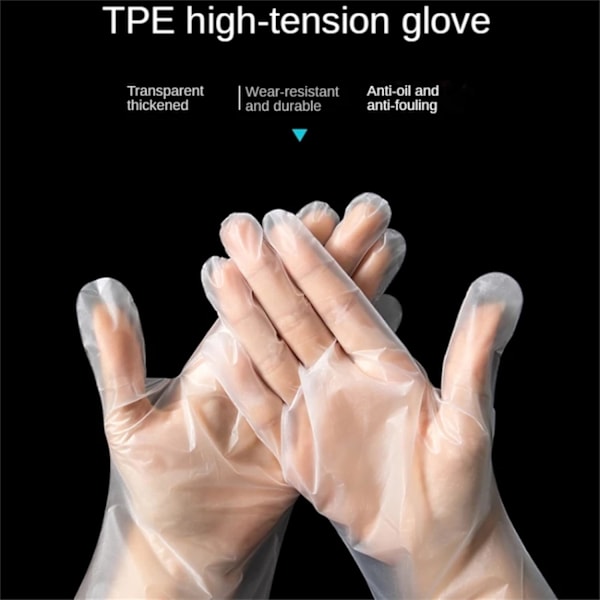 TPE-handskar, BPA-fria, latexfria, puderfria, stark adsorption, vattentäta, halkfria, perfekta för mathantering, djurvård (200 stycken)