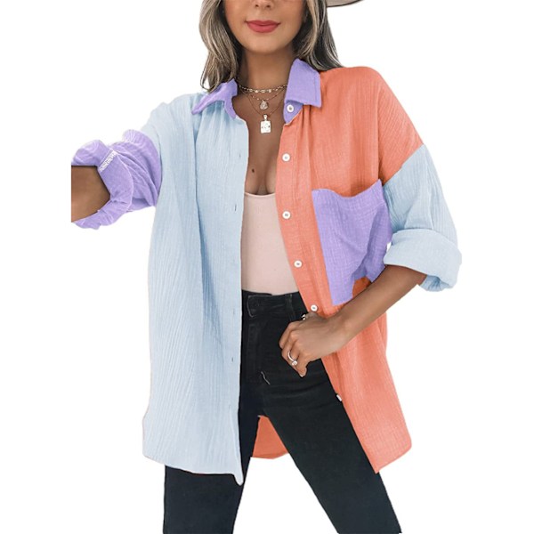 Långärmad Oversized Blus Nedvikt Krage Enkelknäppt Ficka Fram Dam Casual Oversized Blus för Sommar Orange Blå L