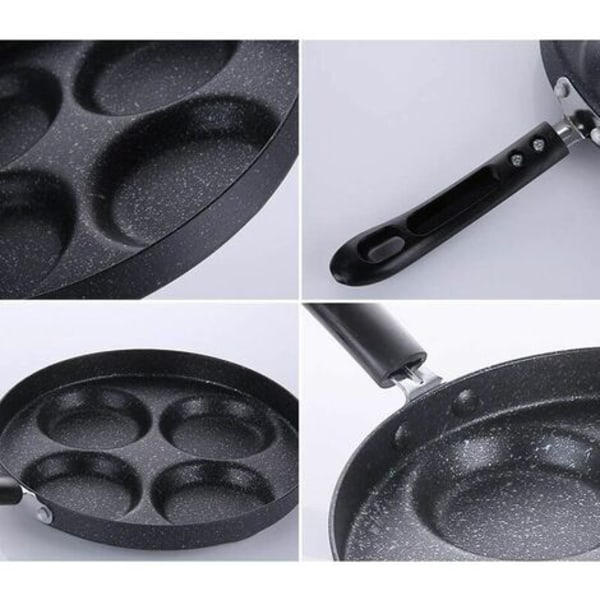 Pannekakepanne, 24 cm pannekakepanne med 4 hull, rund non-stick stekepanne, frokostpanne (svart)