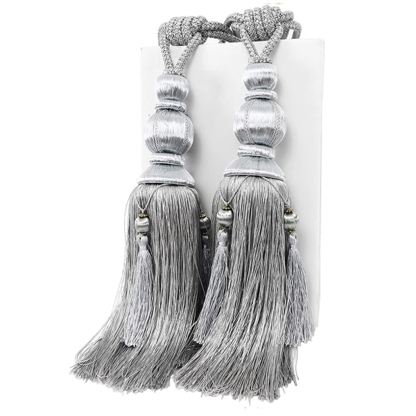 Handgjorda gardinklämmor Tiebacks Set, tofsbollsrep Gardinkrokar Silver gray