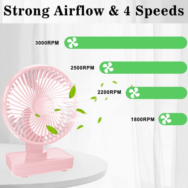 Liten skrivebordsvifte, stille bærbar vifte, oppladbar batteridrevet personlig vifte for hjemmekontor soverom skrivebord, 4 hastigheter