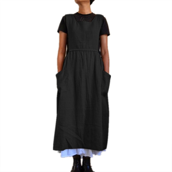 Women Dress Casual Loose Solid Pinafore Long Straps Apron Cotton Linen Overall Dresses with Pockets