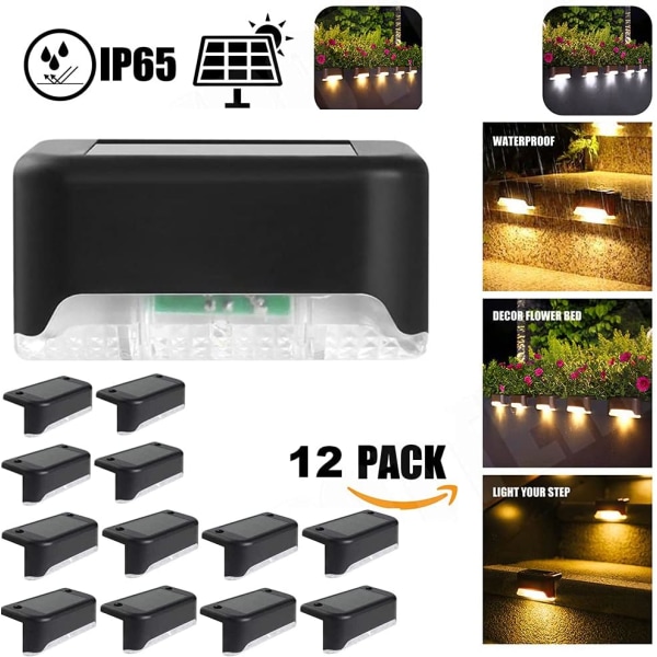 Vandtæt solcelle hegn lys, solcelle dæk lys, trappe lampe, IP65 LED solcelle have lys til terrasse trappe hegn (varmt lys-sort, 12 stk.)
