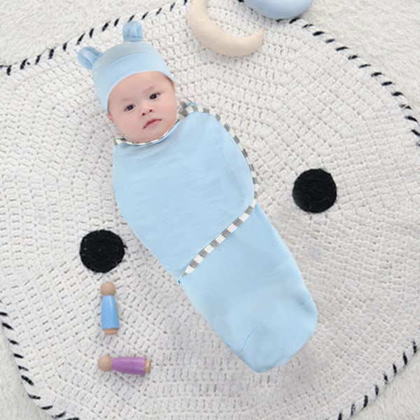 Baby Swaddle Sleep Sack Med Hattesæt Til 0-3 Måneder, Blå