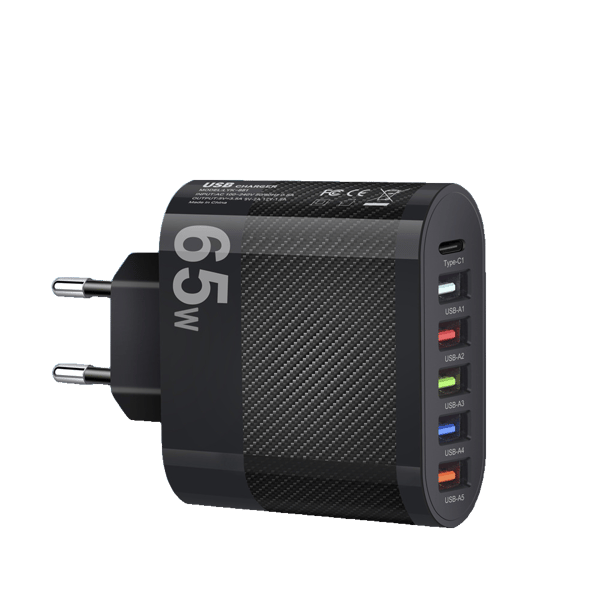 65W Adapter Universal Hurtigoplader 6 porte – USB-C PD + 5× USB-A (QC 3.0) multiportoplader - SORT