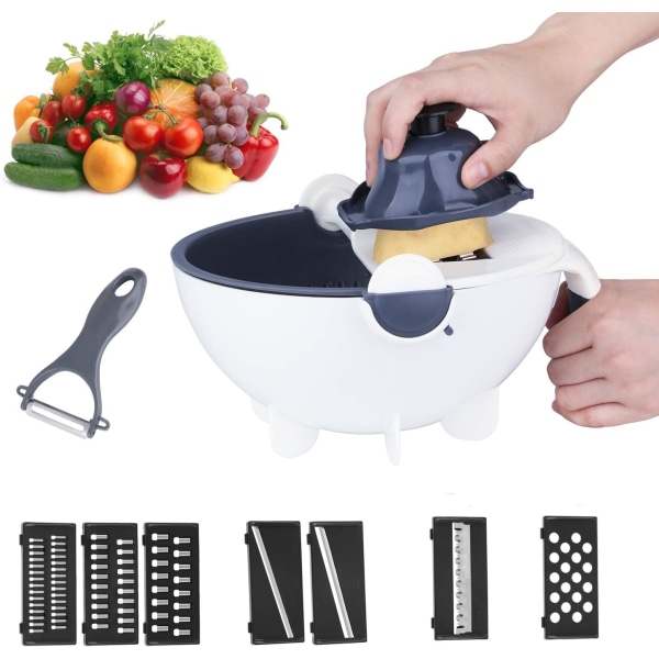 Vegetable Slicer, 11 in 1 Multifunction Mandoline Slicer with Drain Basket, Portable Rotating Vegetable Slicer Chopper Cutter Grater