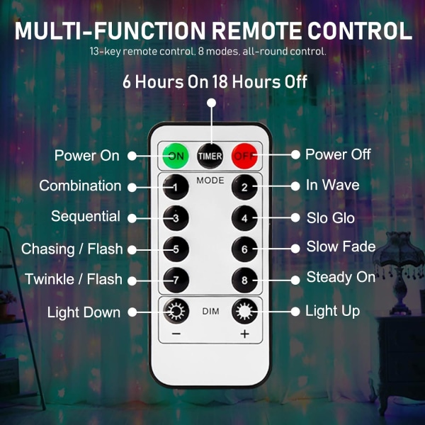 LED-valoverho, USB-valoketjuverho, 8 tilaa kaukosäätimellä, valoketju makuuhuoneeseen, sisä- ja ulkokoristeluun, juhliin ja häihin
