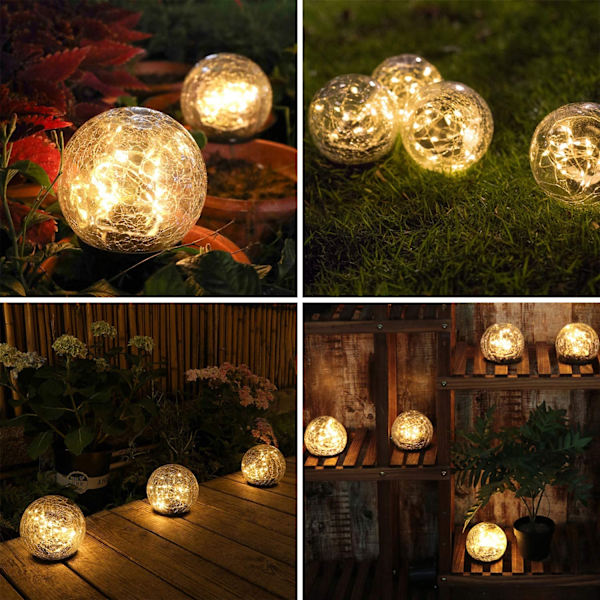 Puutarhan aurinkovalot, halkeileva lasipallo, vedenpitävä lämmin valkoinen LED ulkokoristeisiin, polku, patio, piha, nurmikko, 1 pallo