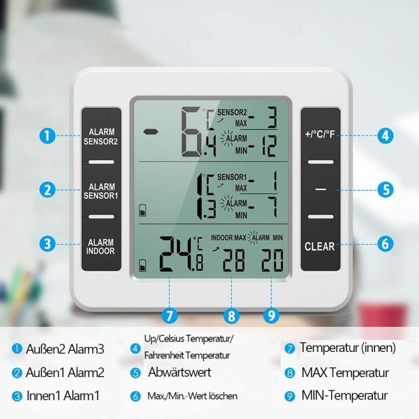 Kyl- och frys termometer, digital kyltermometer med 2 sensorer, termometer för frys med temperatur