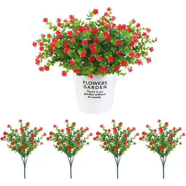 4 st konstgjorda växter, konstgjorda falska blommor plastgrönska buskar för inomhus och utomhus, kontor, trädgård, röd